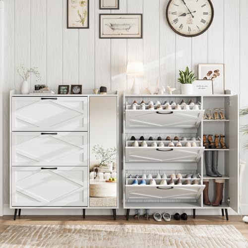 Image of Maupvit Shoe Cabinet with 3 Flip Drawers & Mirror, Hidden Shoe Storage Cabinet with 5 Wooden Legs, Slim Shoe Rack Cabinet with Shelves and Door for Entryway, Hallway, Living Room, White