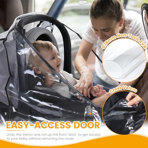 Image of Car Seat Rain Cover Universal, Food Grade EVA, Waterproof Weather Shield for Infant Car Seat with Storage Bag, Baby Car Seat Stroller Rain Cover Features Side Ventilation, Quick-Access Roll-Up Door