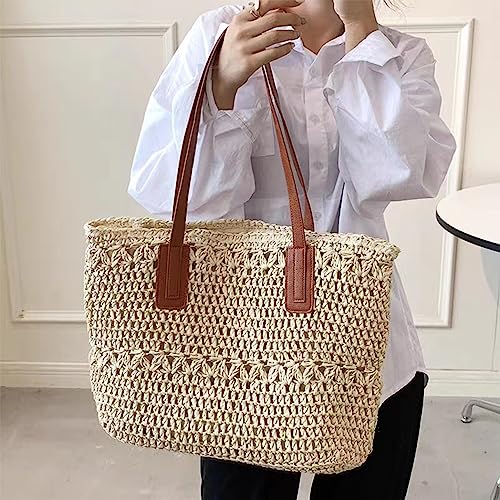 Bolso de paja para playa para mujer, bolso tote grande para vacaciones, bolso tejido con asa para hombro, color beige miniatura 7