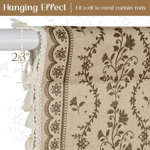 Image of Yinhua Boho Swag Valance Curtains Vintage Linen Valances for Windows Light Filtering Floral Kitchen Valance Rod Pocket Rustic Tassel Window Valances for Bathroom Cafe, 60 inch W x 36 inch L, Beige Brown