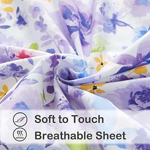 Image of Mooreeke Floral Full Sheets, Soft Breathable Microfiber Vintage Printed Bed Sheet Set, Deep Pocket Non-Slip Fitted Sheet Included, Purple Flower Pattern