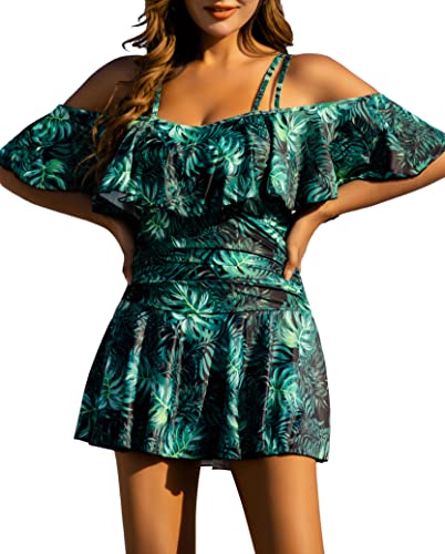 Image of COCOPEAR Women's One Piece Flounce Swimsuit Off Shoulder Bathing Suit Tummy Control Swimdress(FBA)