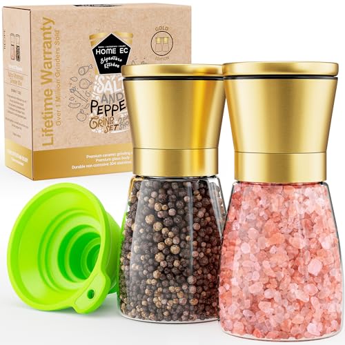 Image of Home EC Original Gold Salt and Pepper Grinder Set of 2 - Adjustable Ceramic Grinder - Glass Salt and Pepper Shakers With Funnel and Ebook - Kitchen Spice Mill - Gold Kitchen Accessories