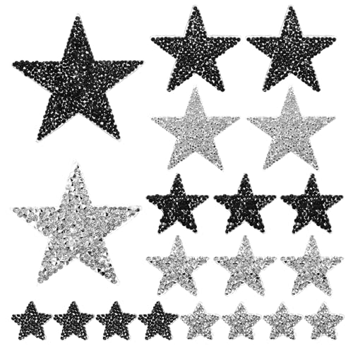 20 Pcs Star Iron On Patches, 4 Size Rhinestone Adhesive Applique Stickers Stars Glitter Crystal Patches for Clothing Jackets Hats Dress Caps and DIY Clothing Repair Black and Silver