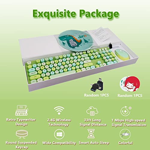 Image of Wireless Keyboard and Mouse Combo, Ergonomic Cute Retro Typewriter Full Size Colorful USB Cordless Keyboard Mouse Set for Gaming and Office (Green)