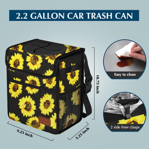 Image of Femuar Leak Proof Car Trash Can with Lid, Collapsible Hanging Waterproof Car Trash Bag with Mesh Pocket for SUV Front Seat Headrest, Sunflower