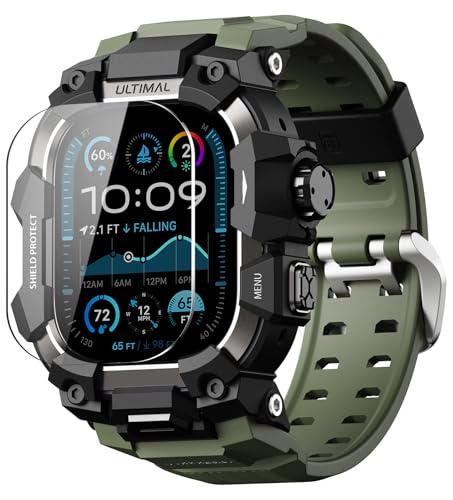 コンパチブル Apple Watch Ultra 3/Ultra 2/Ultra バンド アップル ウォッチ バンド 49mm ケース 一体型, ミリタリーグレード耐衝撃バンパーカバーTPU/TPE 耐衝撃 滑り止め 耐久性 落下防止 (アーミーグリーン・ブラック, 49mm)