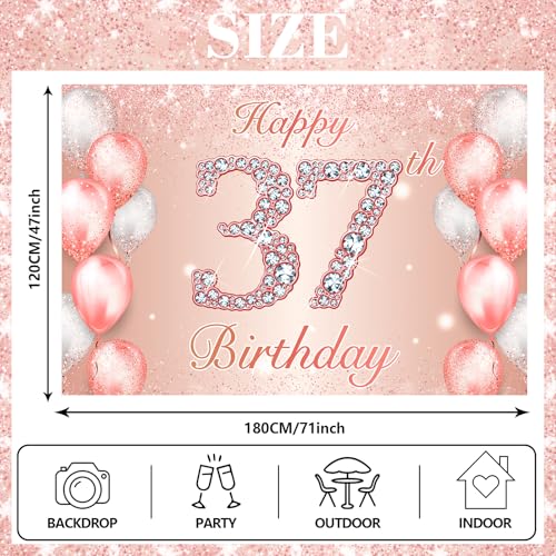 Image of Happy 37th Birthday Rose Gold Banner Cheers to 37 Years Old Backdrop Confetti Balloons Theme Decor for Women 37 Years Old Pink Birthday Party Decorations Bday Supplies Background Favors Gift Glitter