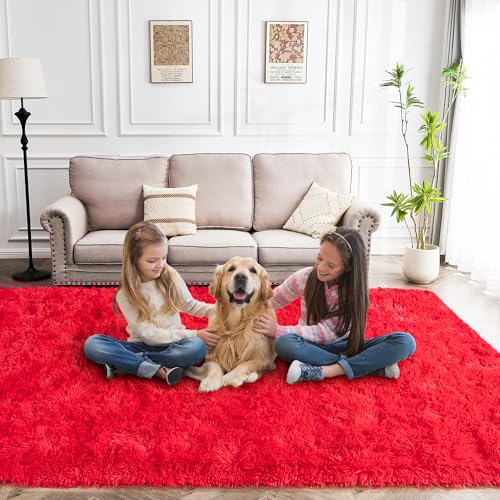 Red Area Rugs 9x12 Living Room - Super Soft Fluffy Rug Non Slip Large 9 by 12 Area Rug for Bedroom Washable