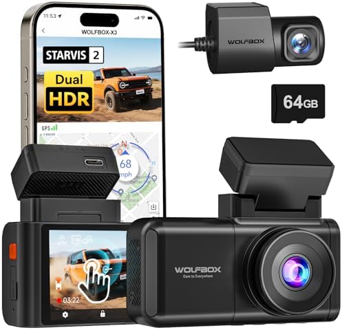 WOLFBOX X3 2.5K 60FPS Rear View Dash Cam, 5MP STARVIS 2 IMX675 with ADAS, 2.5K+1080P Dash Cam Front and Rear Camera, Built-in 5.8GHz WiFi & GPS,Included 64GB Card,Touch Screen,G-Sensor,Loop Recording