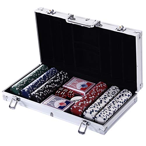 HOMCOM Maletn de Poker Profesional con 300 Fichas y 2 Barajas Juego Set de Poker Casino Aluminio 5 Dados, 2 Barajas y 1 Ficha de Crupier