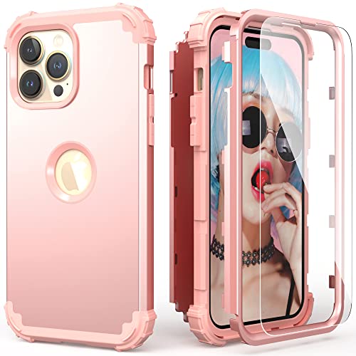IDweel for iPhone 15 Pro Max Case with Screen Protector for Women, 3 in 1 Shockproof Slim Fit Hybrid Heavy Duty Hard PC Cover Soft Silicone Bumper Full Body Case,Rose Gold