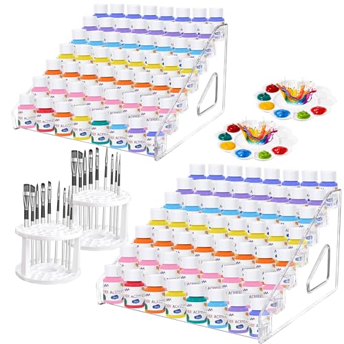 Image of 2 Pcs Acrylic Paint Organizer With Brush Holder, 7 Layer Miniature Paint Storage Rack for Craft Hobby Miniature Model Storage, Easy Assembly