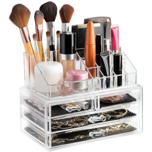 Masirs Clear Makeup Organizer - 16-Compartment Cosmetic and Jewelry Holder with 4 Drawers...