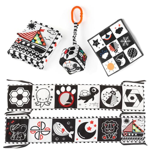 Image of SNOWIE SOFT 3Pcs Cloth Books for Babies 0 to 3 Years, Black and White Crib Cloth Book Panel with Mirror, Sensory Toys, Montessori Visual Stimulation Washable Baby Toys for 6 to 12 Months