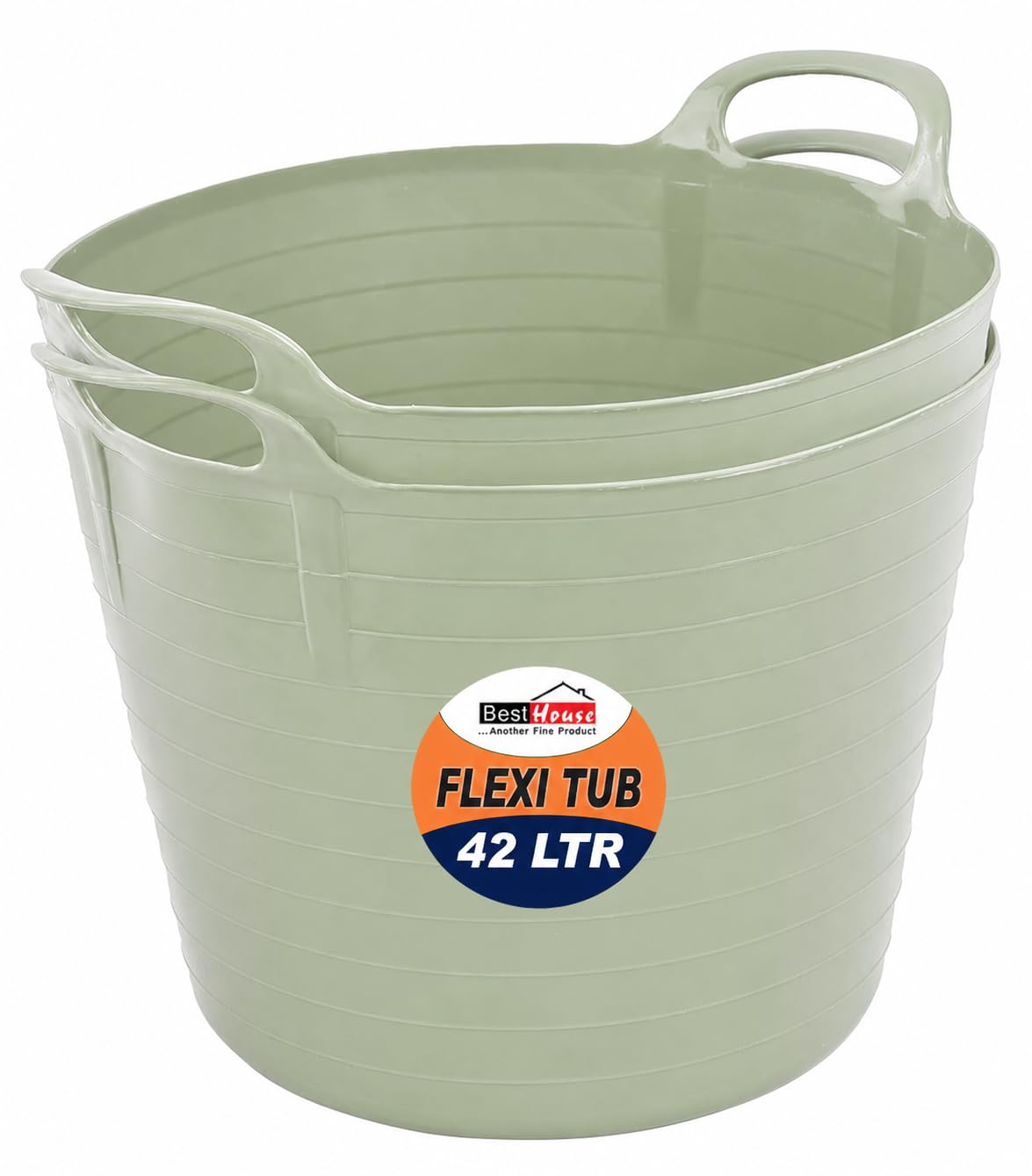 BH | 2 Pcs of Flexi Tub with Handles | 42 Litres | Sage Green | Large Flexible Plastic Storage Bucket | Multipurpose Tub for Home, Washing, Yard, Garden Waste and DIY Projects - By BEST HOUSE