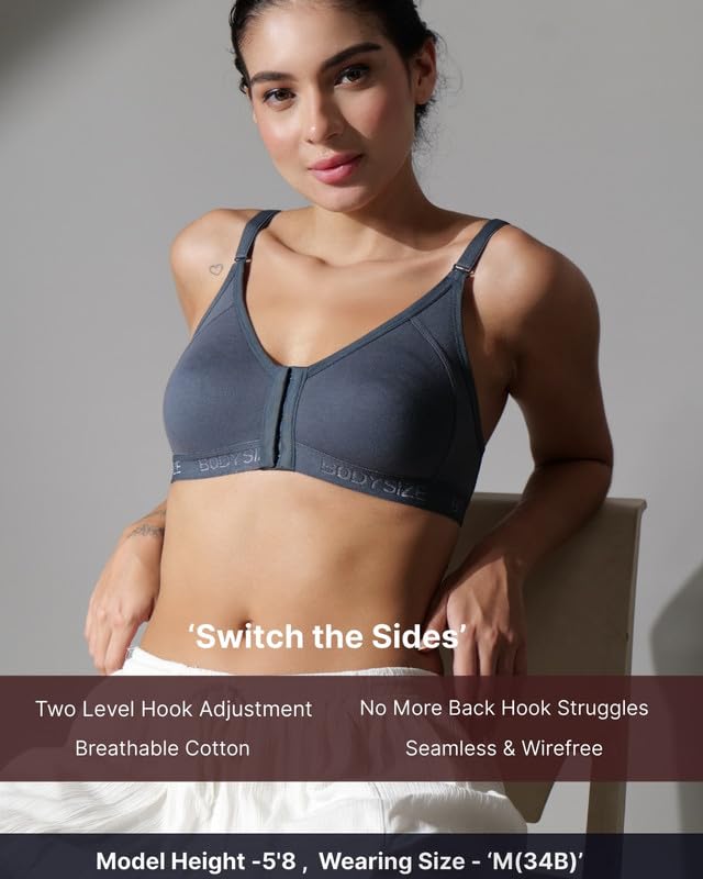 Image of BODYSIZE Cotton Front Open Bra for Women Daily Use | Non-Padded, Non-Wired | Sweat Absorbent Seamless Bra | Full Coverage Regular Wear | Twin Hook Adjuster (Cup Size: B)