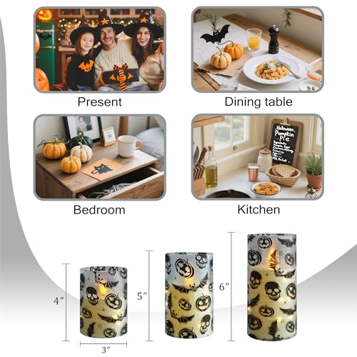 Image of Ghost Flameless Candles with String Lights - 3pcs Halloween Battery Operated Candle Flickering Floral LED Pillar Candles with Timer Remote for Home Decor Romantic Ambiance