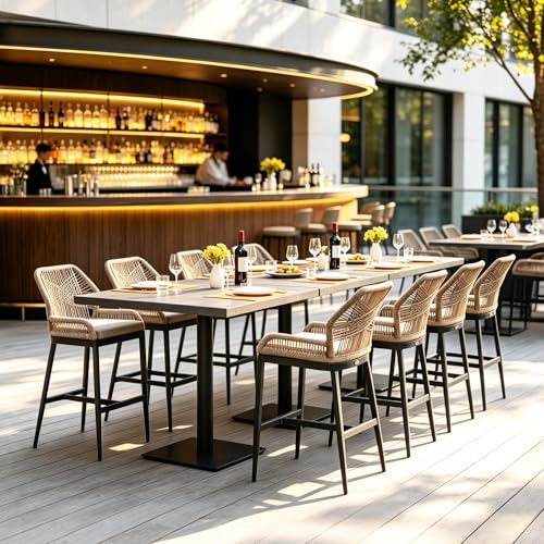 PURPLE LEAF Counter Height Bar Stools Set of 4 Rattan Wicker Outdoor Metal Boho Barstools with Back and Footrest Patio Garden Balcony Pool Bar Chairs