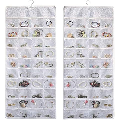 BB Brotrade Hanging Jewelry Organizer,Double Sided Jewelry Storage Organizer with Embossed Pattern,80 Clear PVC Pockets Organizer for Holding Jewelries Cover