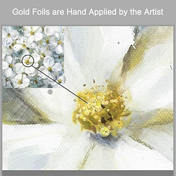 Cuadro floral de arte abstracto de la flor: pintura blanca de arte botánico sobre lienzo para la pared del comedor (24 x 24 x 1 panel)