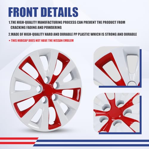 Image of Winjet 16 inch Set of 4 Steel Wheel Hubcaps for 2013-2019 Sentra & 2011-2017 Nissan Leaf Wheel Rims Cover,Snap On Installation PP Material (White Lacquer & Red Lacquer)