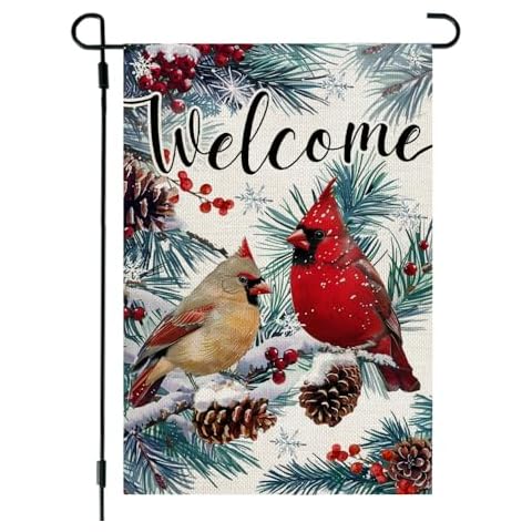 CROWNED BEAUTY Winter Cardinal Garden Flag 12x18 Inch Double Sided for Outside Small Welcome Burlap Holiday Yard Decoration CF1658-12 Cover