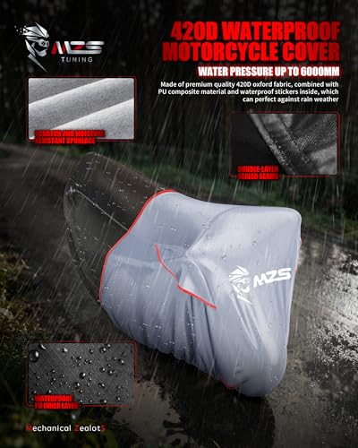 Image of MZS Motorcycle Cover Waterproof Outdoor, Heavy Duty All Season Weather Sun Protection with Storage Bag Vents Night Reflective Cotton Lining Lock Holes fits up to 86 inch Motorbikes Vehicle Covers