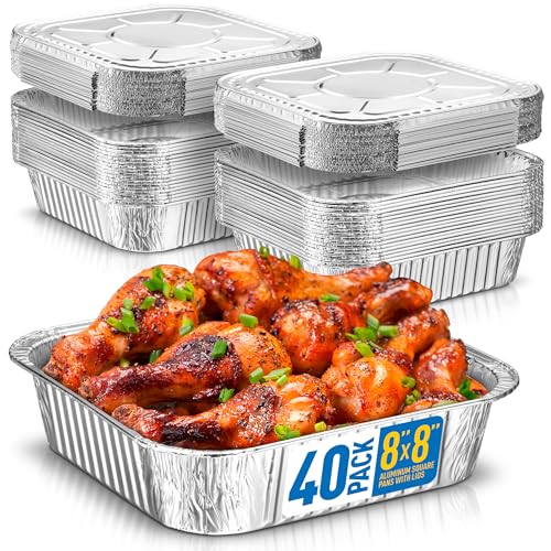 Image of 8x8 Disposable Aluminum Pans With Lids - 40 Pack Foil Pans For Cooking, Baking Cakes, Roasting & Homemade Breads - Disposable Food Containers With Foil Lids