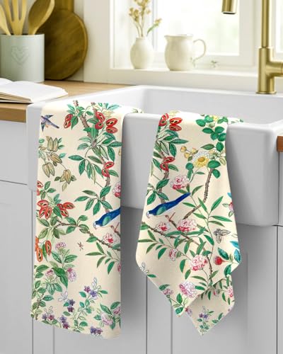 Image of Miss Adola 150GSM Flour Sack Kitchen Towels Set of 2, Bird on Branch | 18 inchx26 inch, Lightweight, Lint-Free, Pure Cotton, Decorative, with Hanging Loop, Absorbent, Softer after Wash, Giftable Package