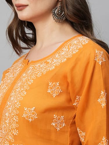 Image of Ada Hand Embroidered Lucknow Chikankari Straight Round Neck Cotton Blend Short Kurti Tunic Top for Women A911333