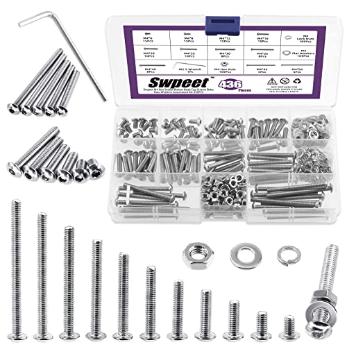 Swpeet 436 piezas M4 métricas 304 de acero inoxidable con cabeza de botón, tornillos de cabeza hexagonal, tuercas arandelas, todo incluido