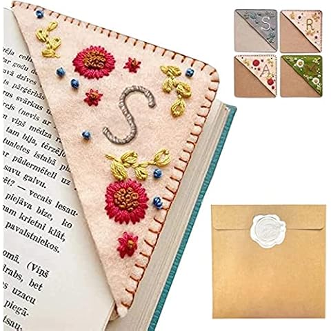 Personalized Hand Embroidered Corner Bookmark, 26 Letters Hand Stitched Felt Corner Letter Bookmark, Cute Flower Embroidery Bookmarks for Book Reading Lovers Meaningful Gift (Fall，S） Cover