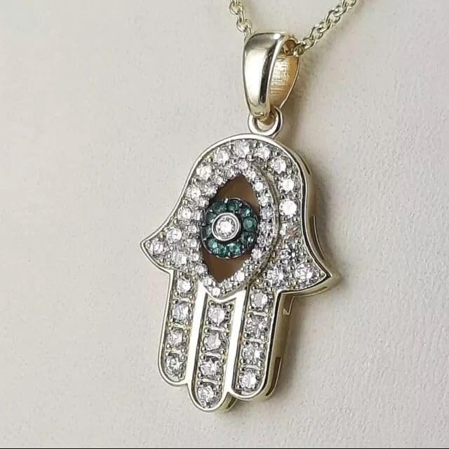 Hamsa Hand Pendant Necklace, Silver Tone, Evil Eye Design, Crystal Accents, Teal and White CZ Stones