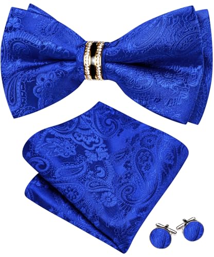 Image of YOHOWA Mens Bow Tie Set Paisley Pre-tied Bowties Adjustable with Handkerchief Cufflinks Gold Ring Set Wedding Prom Party
