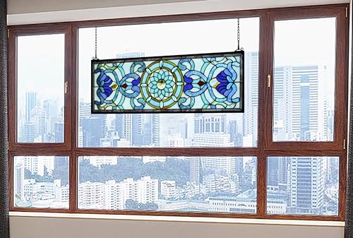 image for Yogoart Extra Large Horizontal Blue Victorian Stained Glass Window Pan