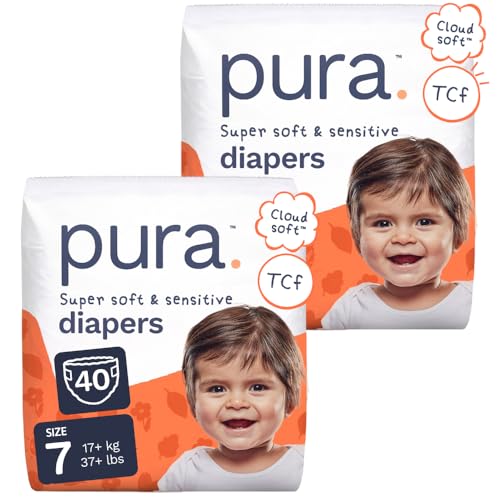 Image of Pura Baby Diapers Size 7-40 Count, 37+lbs, 12hr Leak Protection, Cloud Soft & Gentle Diapers for Hypoallergenic & Sensitive Baby Skin, Toxin-Free*, Organic Cotton, Blowout Blocker, New Size Guide