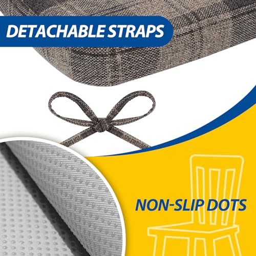 Image of AAAAAcessories D-Shaped Chair Cushions, 2 inch Thick Dining Chair Pads with Ties and Removable, Machine-Washable Cover, 17 inch x 16 inch, Set of 8, Brown Checkered