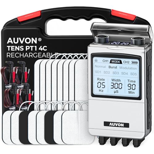 AUVON Rechargeable 4-Channel TENS Unit Muscle Stimulator for Back Pain Relief, Digital TENS Machine...