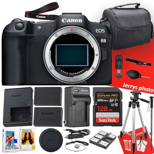 Canon EOS R8 Mirrorless Camera (Body Only) + 128 GB Memory + Tripod + Monopod + Extra Battery + More (19pc Bundle) (Renewed), Black