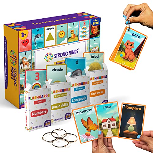 Image of Strong Minds Learning Labs Spanish Flash Cards - 4 Sets Bundle - First Words,ABC Learning - Alphabet,Numbers,Colors and Shapes - with Rings