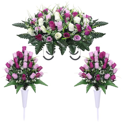Lodou Artificial Cemetery Flower Saddles for Graves, Cemetery Memorial Flowers with Vase and 2 Memorial Bouquets for Grave Tombstone,Outdoor Grave Saddle Headstone Decorations (Pur image 6