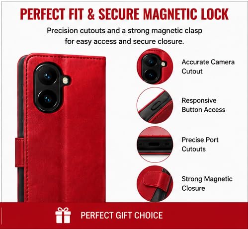 Image of HushLush Premium Flip Cover Compatible for Redmi A7 Pro | Shockproof Wallet Style Protective Case with Card Slots, Magnetic Closure, Stand Function & Full Body Protection (Dual Tone Metallic) (Red)