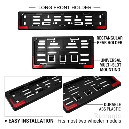 Image of Ramanta Front and Rear Bike Number Plate ABS Frame with Reflector HSRP | IND Licence Number Plate Cover Universal Fit for with All Motorcycles & Scooter (Standard Size 30 cm x 12 cm, Black) Set of 2