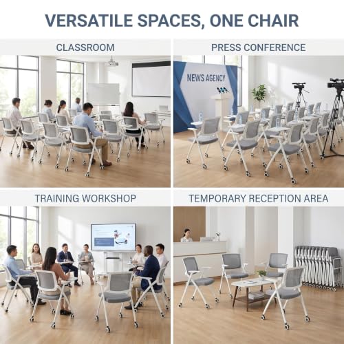 Image of Folding Training Chairs with Desk Attached, Office Meeting Chair with Writing Tablet & Cup Holder, Space-Saving Nesting Stackable Chairs with wheel for Conference Room,Seminar, Classroom Chair,Gray∰wh