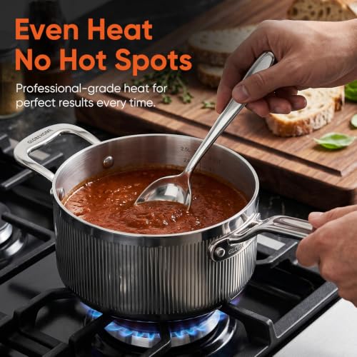 Image of 3 Qt 5-Ply Clad Stainless Steel Saucepan with Lid & Helper Handle