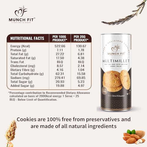 Image of Munch Fit Healthy Multimillet Cookies 125gm Pack of 2 | Egg Less Cookies Made Desi Khand with Jowar Ragi Bajra Cookies | Gluten Free, No Maida, No Added Sugar | 100% Natural Crunchy Snacks