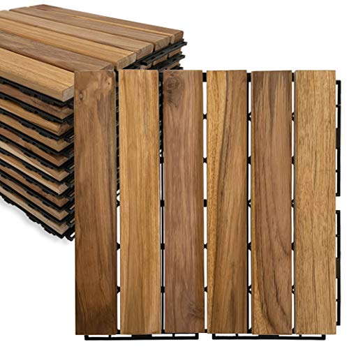 Mammoth Sustainably Sourced Solid Teak Secure Interlocking Deck Tiles, Stain Free and Sealed Water Resistant Outdoor Patio Pavers or Composite Deck Flooring, Pack of 11 (11 SQFT) (Stripe)