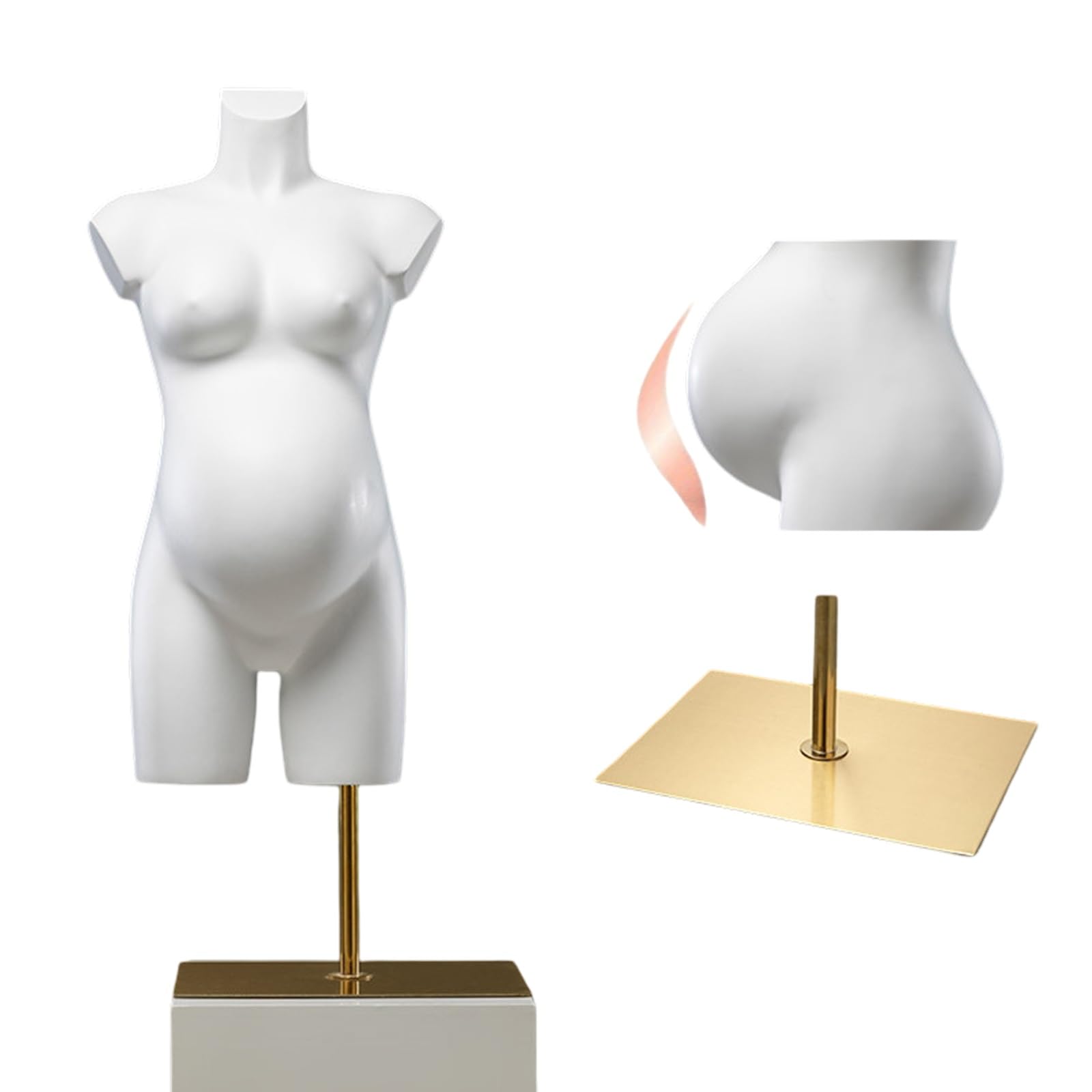 Labasuan Realistic Maternity Mannequin Torso, Full Round Belly Dress Form with Stand & Stainless Steel Base, White Half Body Life Size Mannequin for Clothing Display & Sewing(Gold)