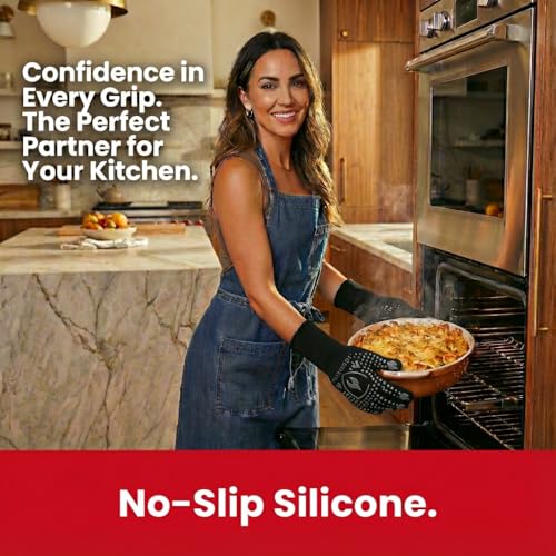 Image of BBQ & Grill Gloves, Oven Gloves, 1472F Silicone Oven Mitts Heat Resistant Grilling Gloves Fireproof Non-Slip for Barbecue Cooking Baking Smoking, 1-Pair Gray（L）
